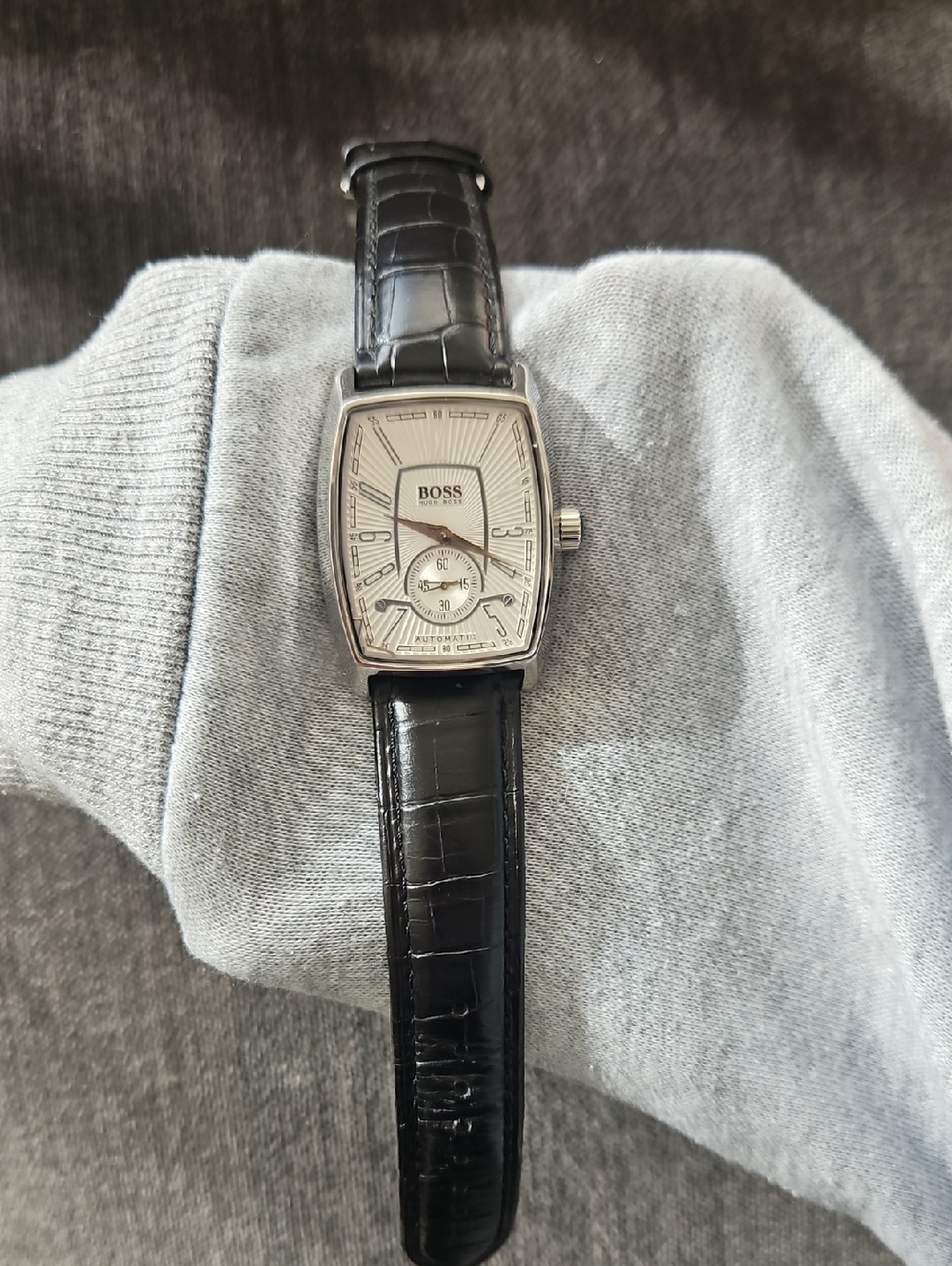 BOSS Men's Black Leather Strap Watch - Silver Dial